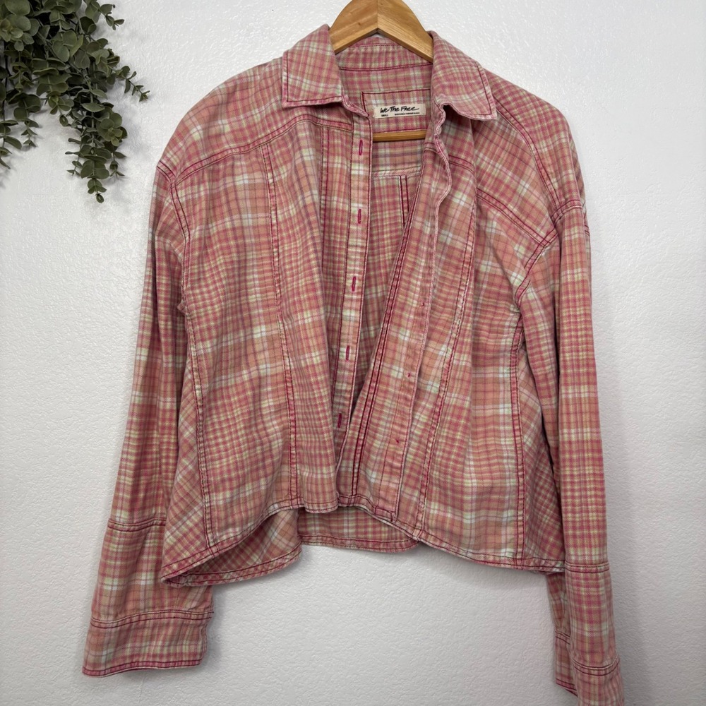 Free People We The Free Remade Plaid Top Red Combo Button Front Shirt Small - Picture 3 of 10